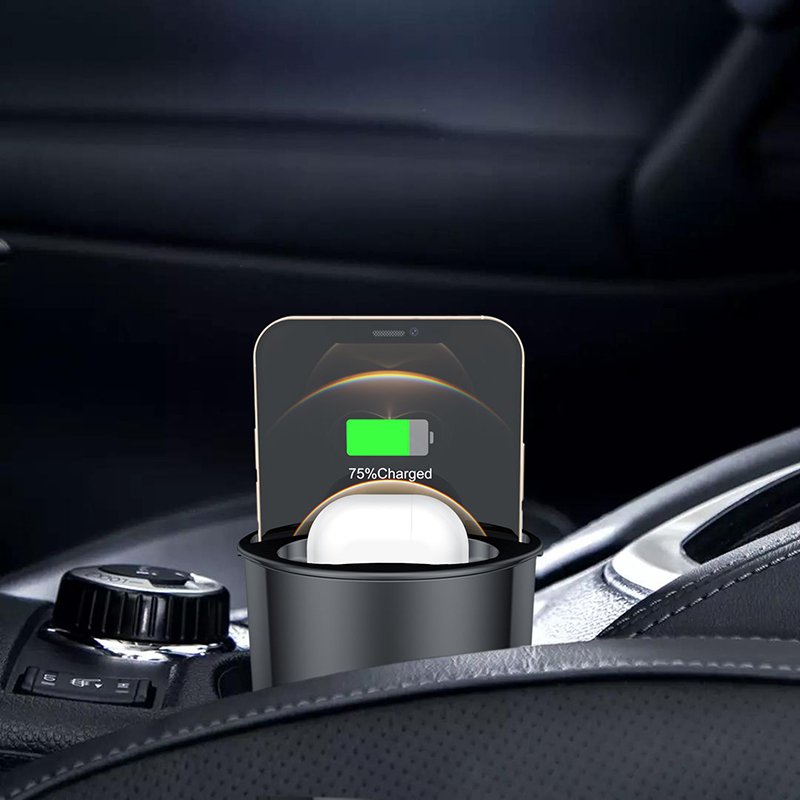 10W Fast Charge Cup Holder Wireless Car Charger With Dual USB QI 4 In 1 Multifunction Car Cup Wireless Charger