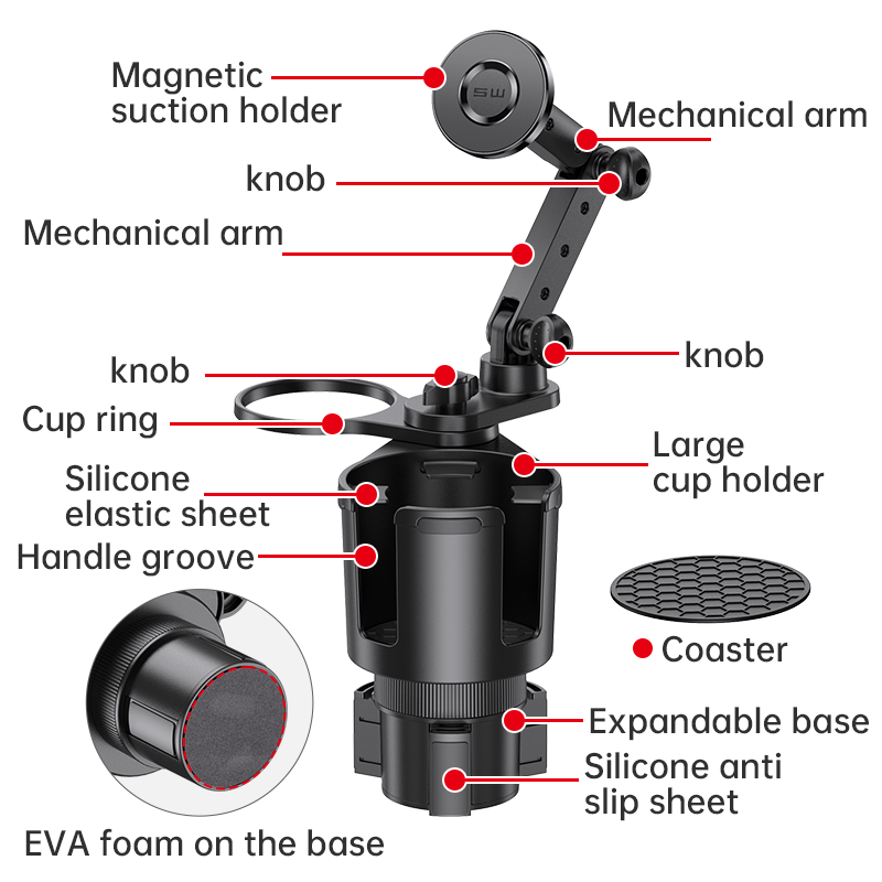 large 2 in 1 car cup holder extendable magsafing phone mount adjustable arm extendable base car cup holder