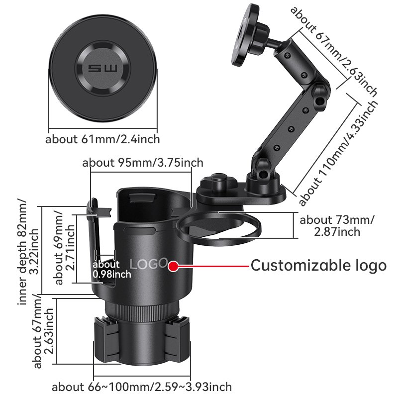 large 2 in 1 car cup holder extendable magsafing phone mount adjustable arm extendable base car cup holder