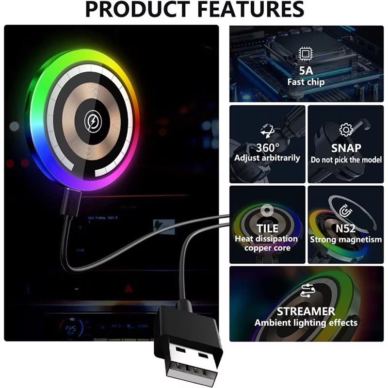 Yisen 15W RGB car holder wireless magnetic vehicle charger for iPhone 15 14 13 12 Pro Max for iOS Android
