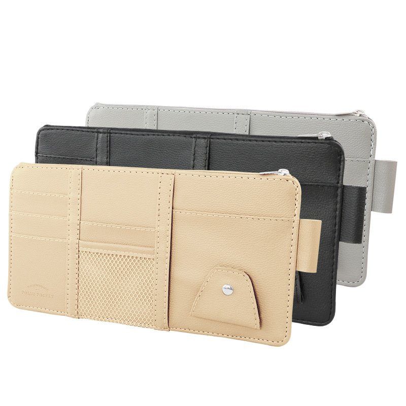 Hot Sale Multi Pockets Car Sun Visor Organizer Pu Leather Car Visor Hanging Pocket Pouch Glasses Clip Card Paper Pen Holder