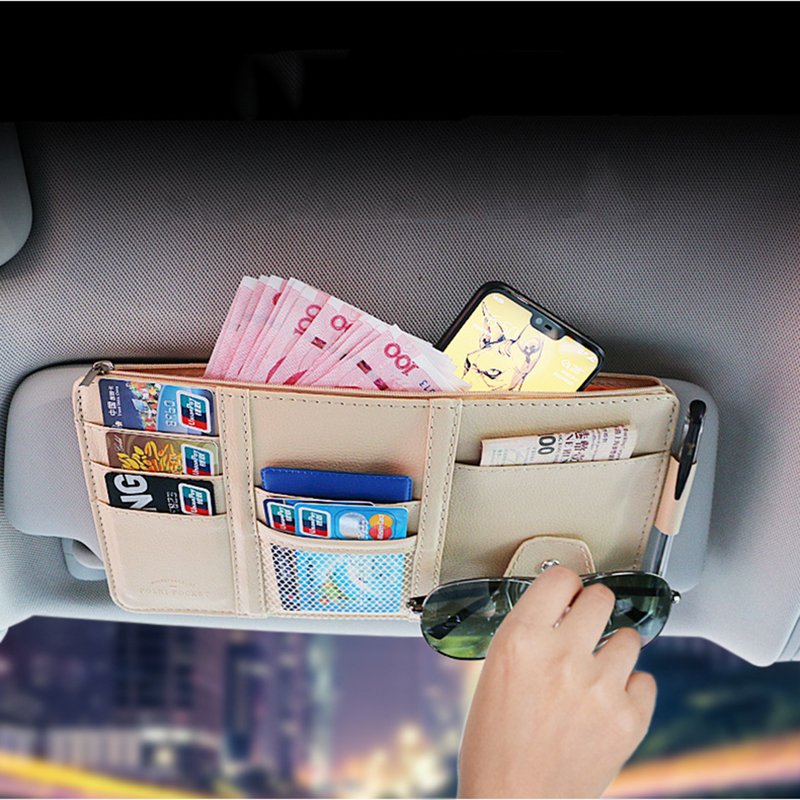 Hot Sale Multi Pockets Car Sun Visor Organizer Pu Leather Car Visor Hanging Pocket Pouch Glasses Clip Card Paper Pen Holder