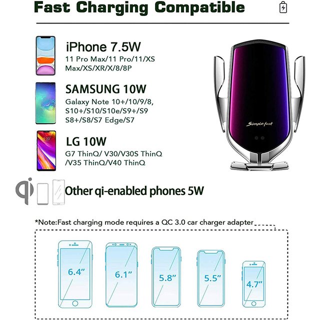 Smart sensor r2 Car Wireless Charger 10W Fast Charge automatic clamping wireless car charger mount