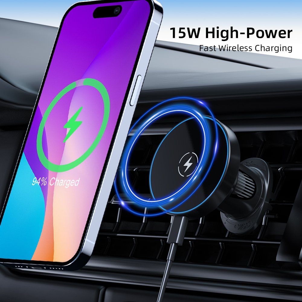 Upgraded Overcharge Protection Portable Magnetic Car Phone Holder 15W Wireless Charger on Car Air Vent Outlet For iPhone 16