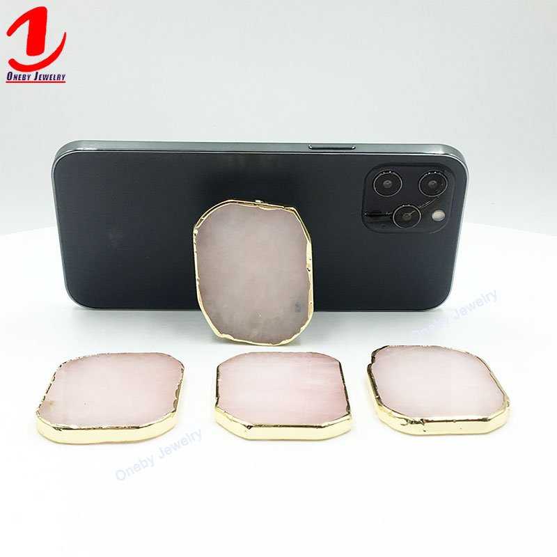 Irregular rose quartz golden gem stone crystal mount flexible airplane wall cell stand mobile phone holders for phone bed