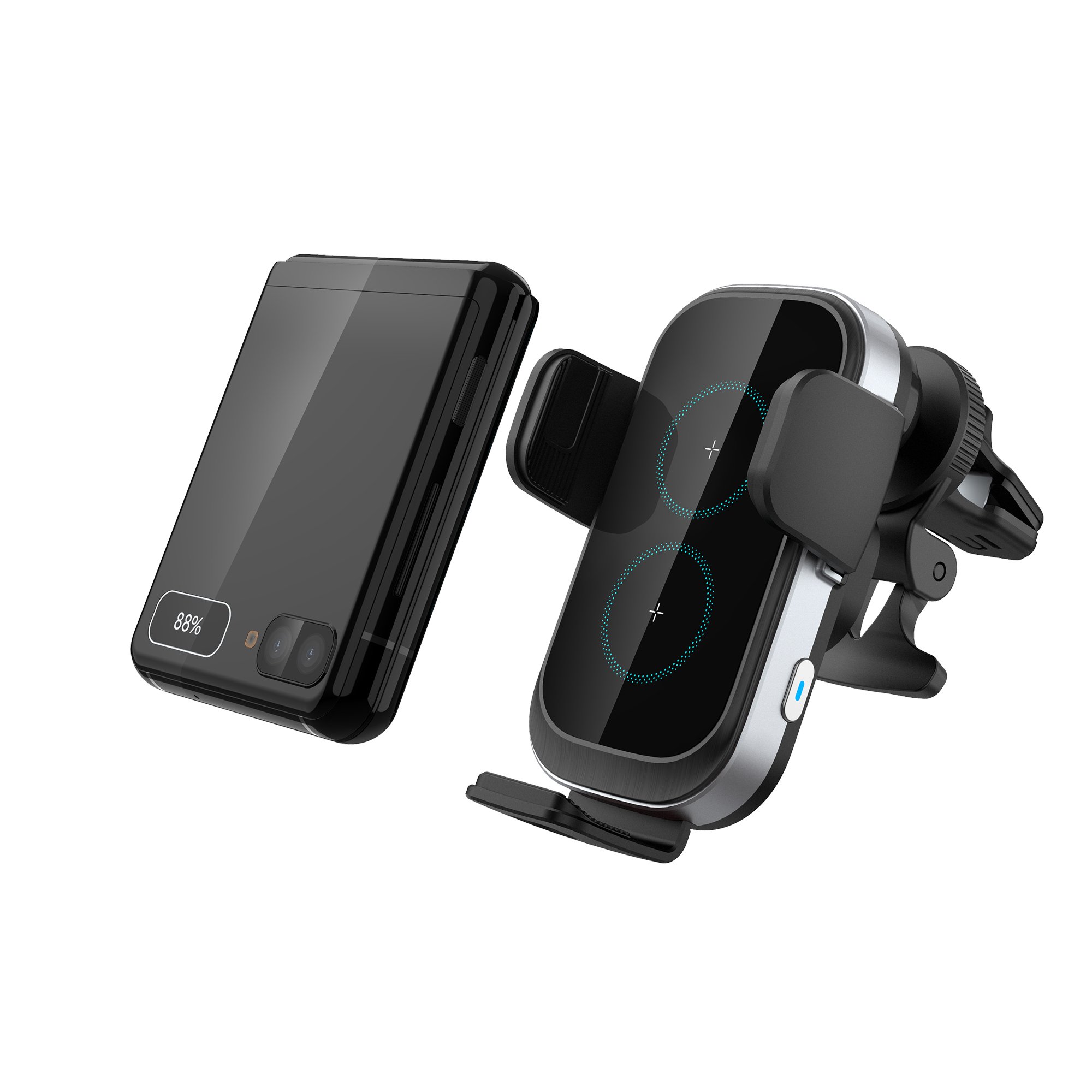 KC FCC CE 15W 2 Coils Adjustable Feet Wireless Car Charger for Samsung Z Flip 3 Smartphone holder auto hold