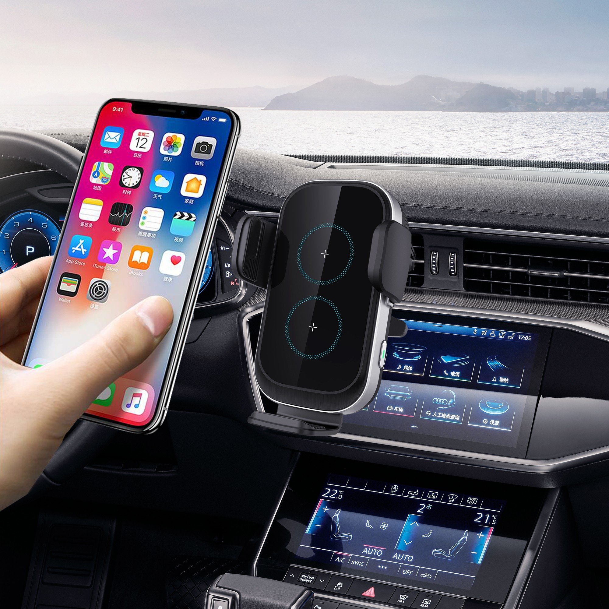 KC FCC CE 15W 2 Coils Adjustable Feet Wireless Car Charger for Samsung Z Flip 3 Smartphone holder auto hold