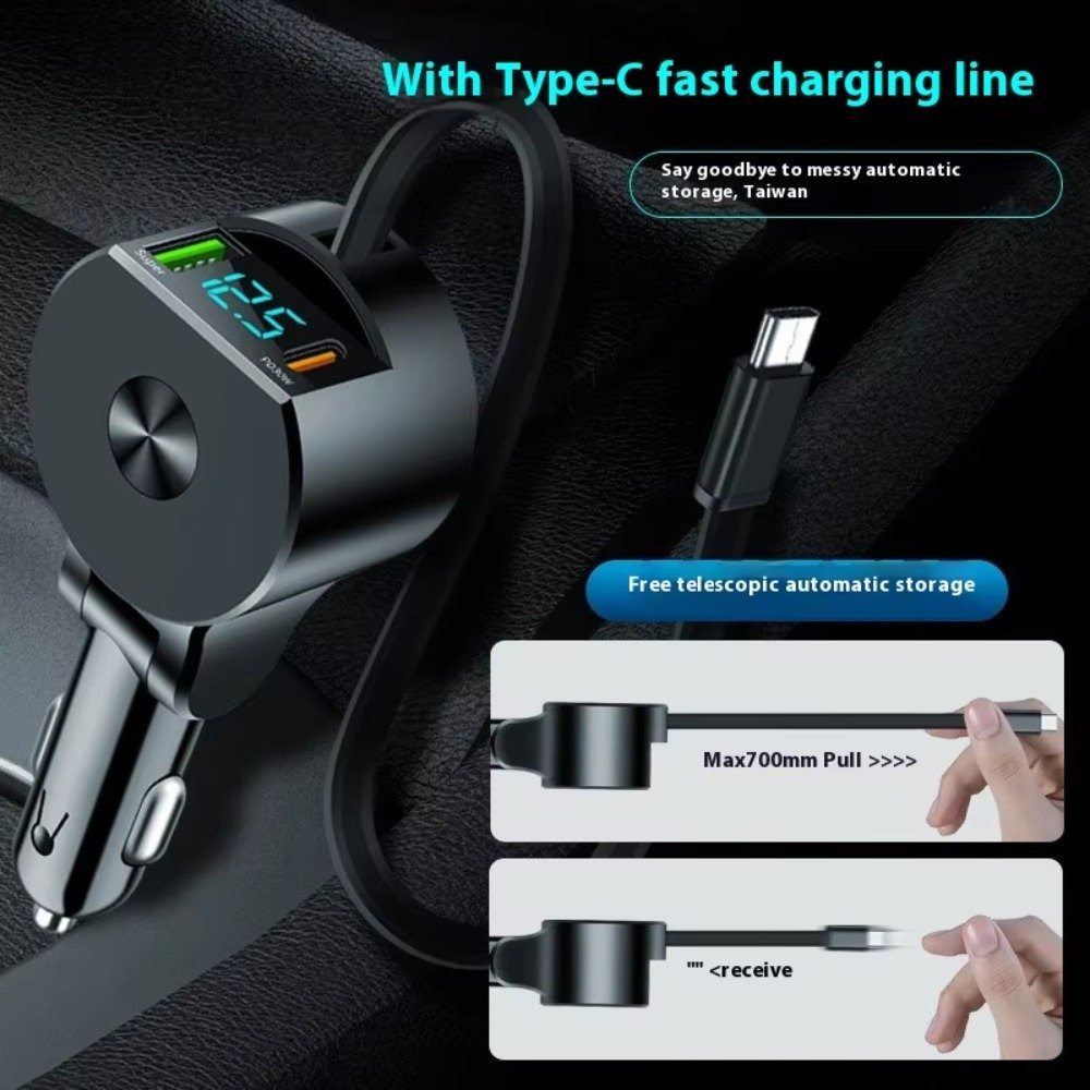 Dropshipping Products 2024 3 in 1 PD Car Mobile Phone Charger With Type C Cable Retractable Fast Charging 75W USB Car Charger