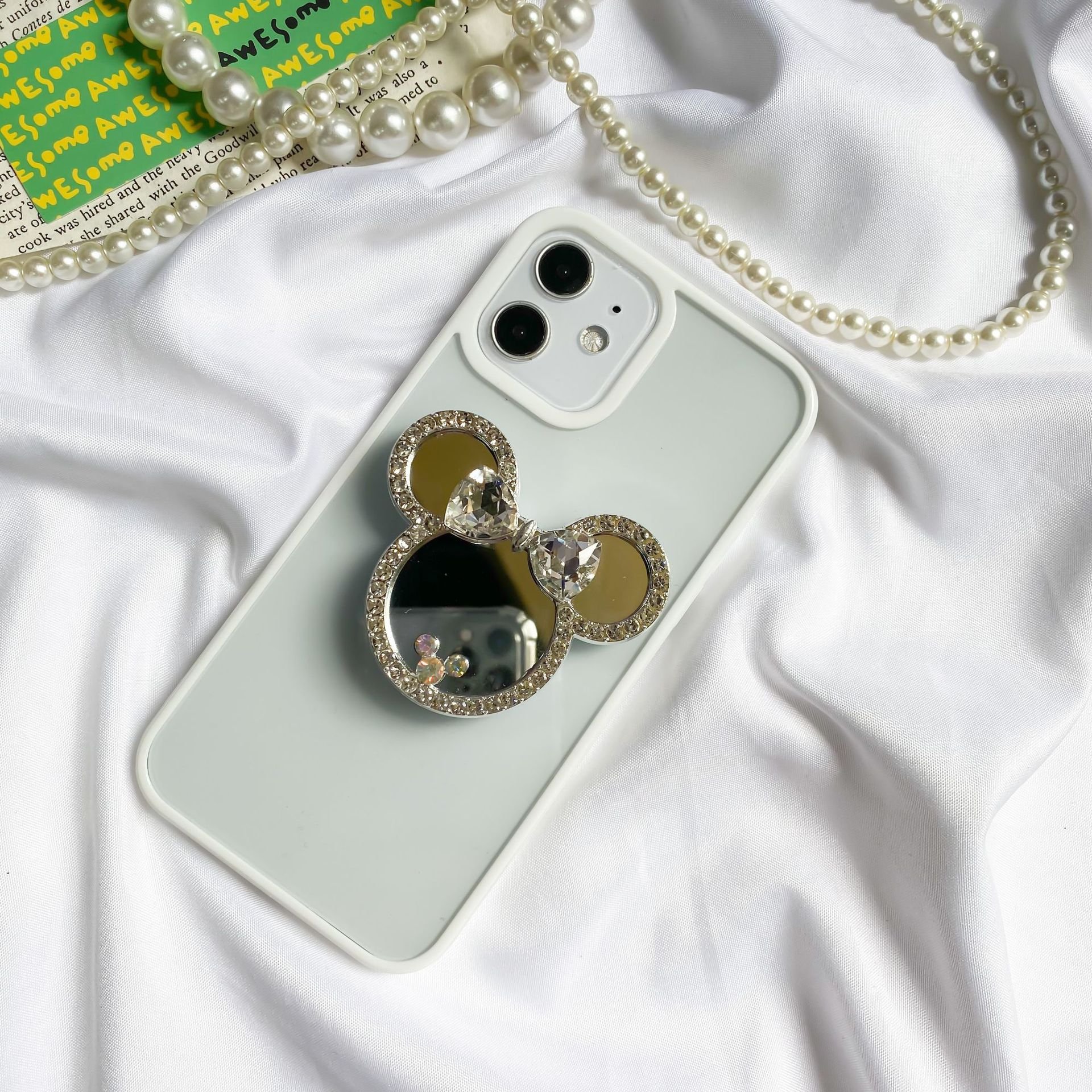 Luxury Bling Glitter Diamond Makeup Mirror Transparent Phone Grip Mobile Phone Holder Desk Lazy Bracket Mobile Phone Accessories