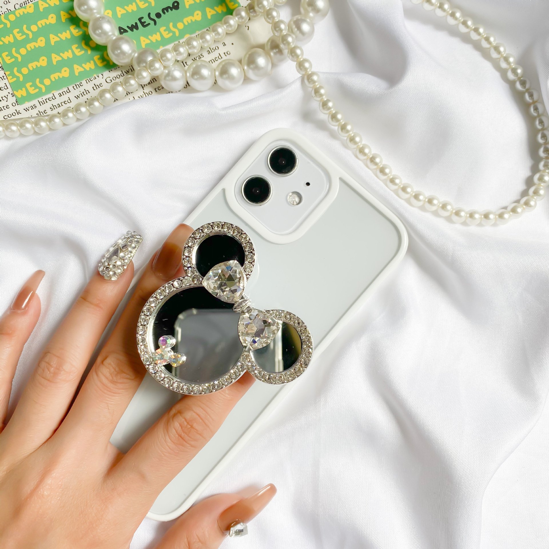 Luxury Bling Glitter Diamond Makeup Mirror Transparent Phone Grip Mobile Phone Holder Desk Lazy Bracket Mobile Phone Accessories