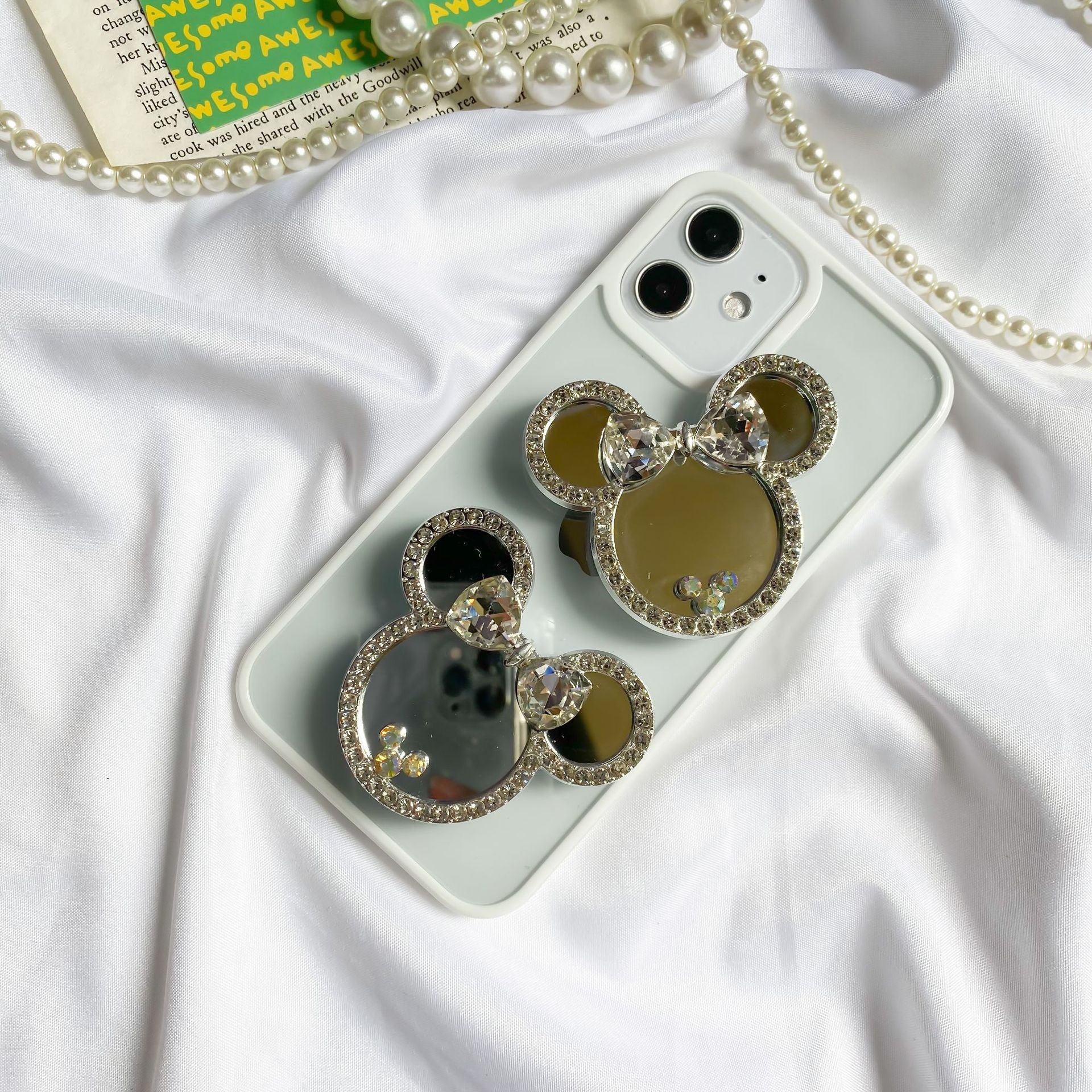 Luxury Bling Glitter Diamond Makeup Mirror Transparent Phone Grip Mobile Phone Holder Desk Lazy Bracket Mobile Phone Accessories