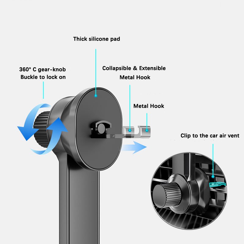 360 degree rotation car air vent metal hook retractable one button lock Car Phone Holder for Air Vent Phone Mount