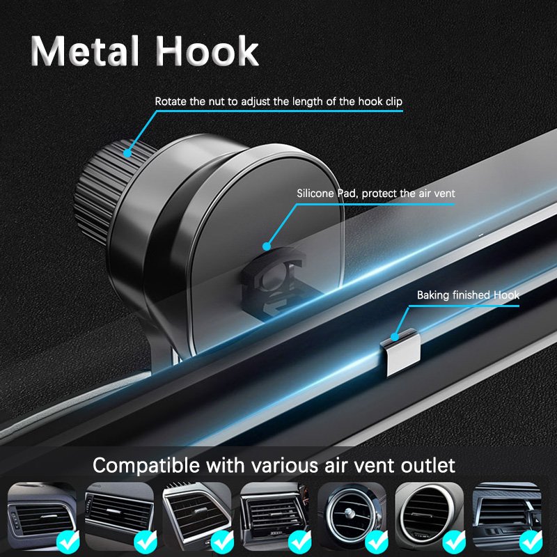 360 degree rotation car air vent metal hook retractable one button lock Car Phone Holder for Air Vent Phone Mount