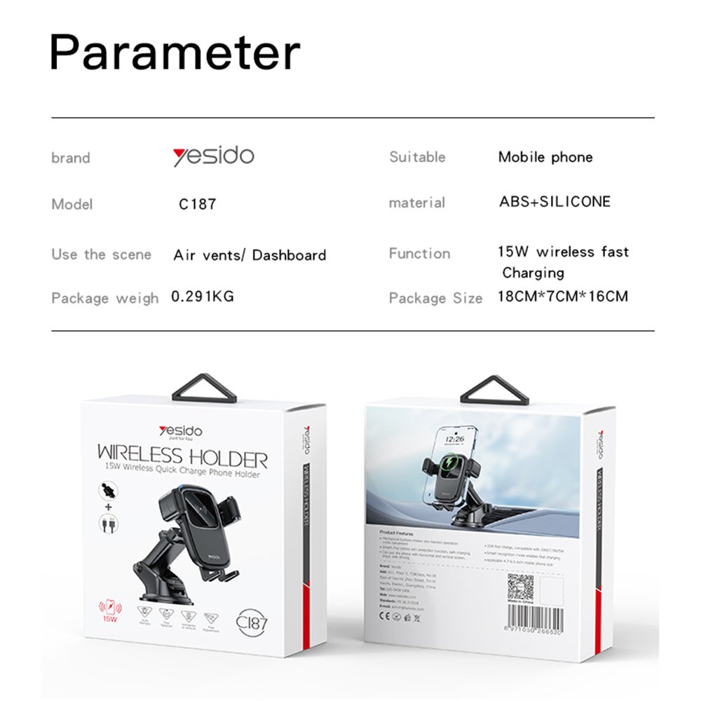 C187 Self-Aligning Coil Car Charger Mobile Phone Mount 15W Wireless Fast Charging Car Phone Holder