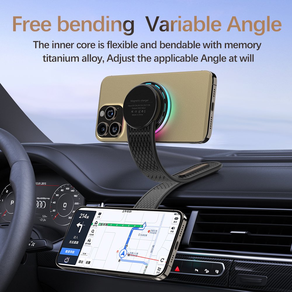 NEW QI2 Standard LED N52 Magnetic Car Wireless Charger Phone Holder For iPhone Samsung Galaxy Bendable Car Charger Mount