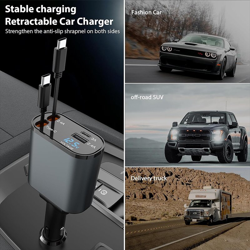4 In 1 Retractable Cable Car Charger 65W Portable Car Charger Type C Super Fast Charging For Iphone Samsung