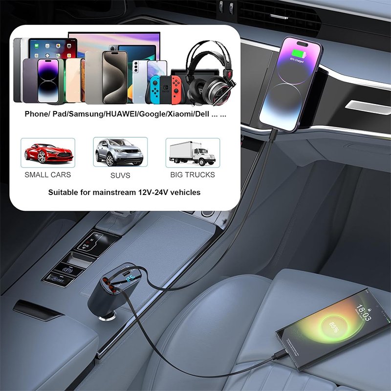 4 In 1 Retractable Cable Car Charger 65W Portable Car Charger Type C Super Fast Charging For Iphone Samsung
