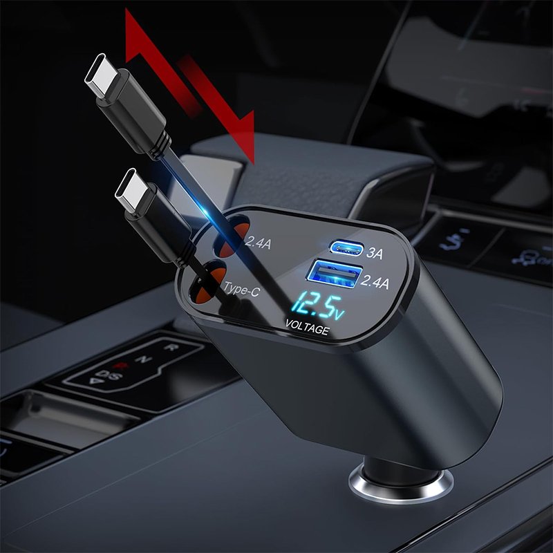 4 In 1 Retractable Cable Car Charger 65W Portable Car Charger Type C Super Fast Charging For Iphone Samsung