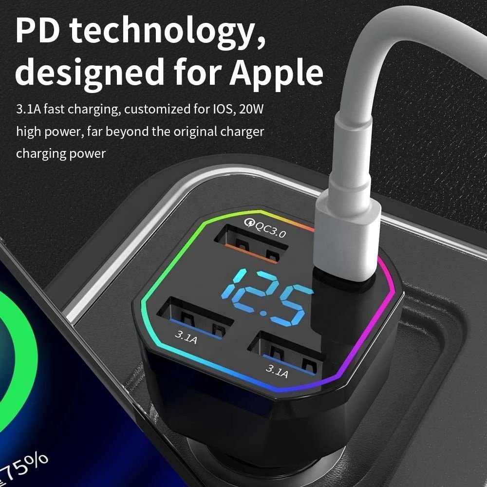4 Ports 66W USB Car Charger Fast Charging LED Digital Display QC3.0 PD 20W Type C 3 USB Car Charger For Phone Samsung