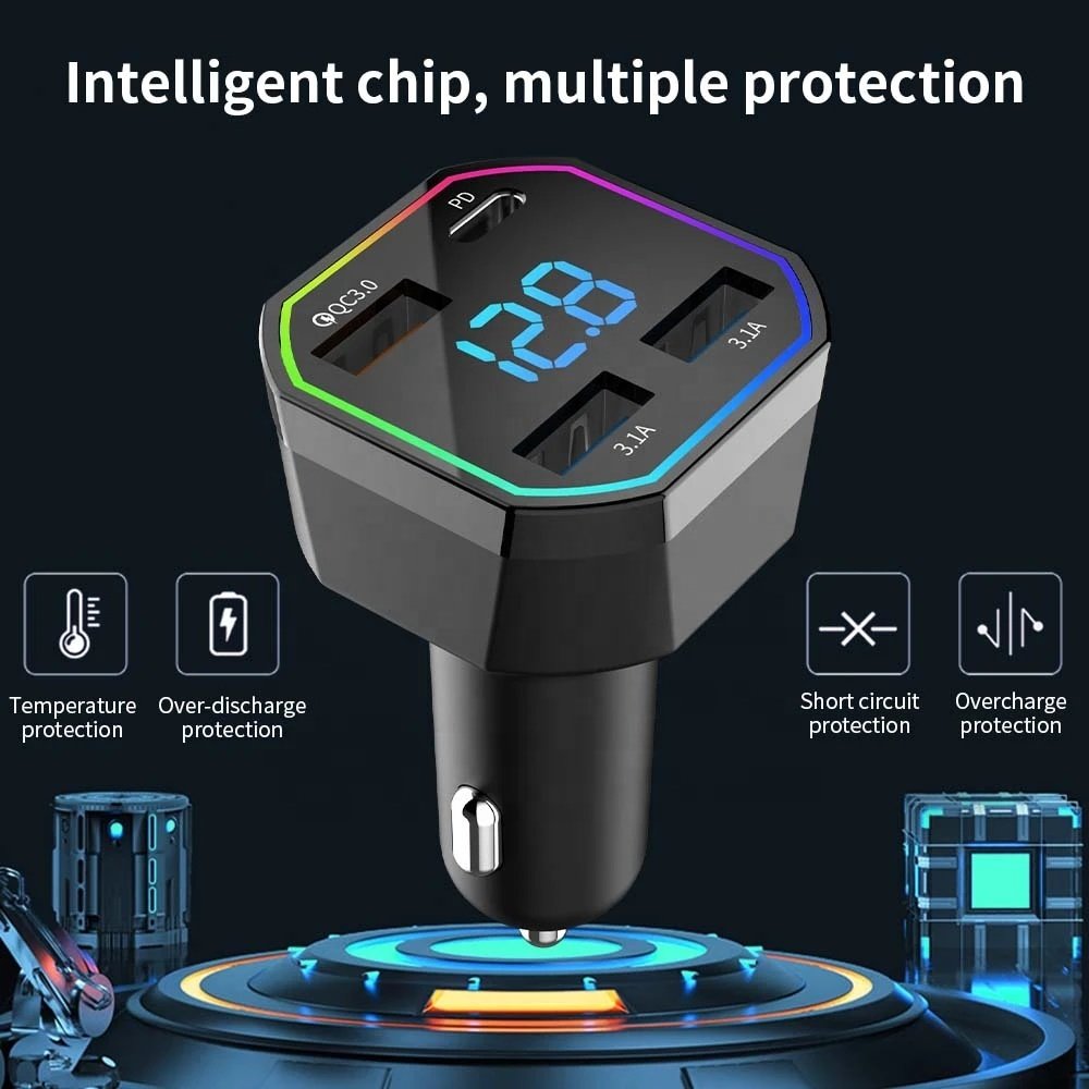 4 Ports 66W USB Car Charger Fast Charging LED Digital Display QC3.0 PD 20W Type C 3 USB Car Charger For Phone Samsung