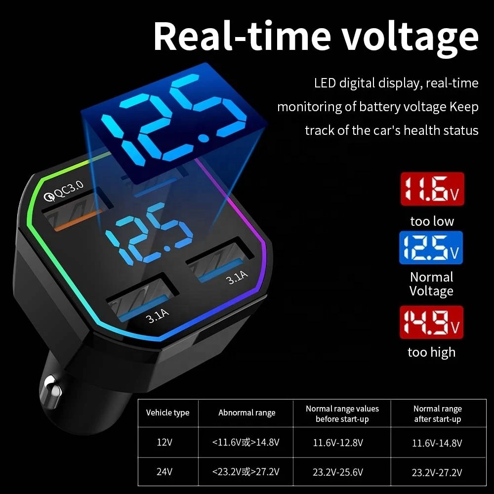 4 Ports 66W USB Car Charger Fast Charging LED Digital Display QC3.0 PD 20W Type C 3 USB Car Charger For Phone Samsung
