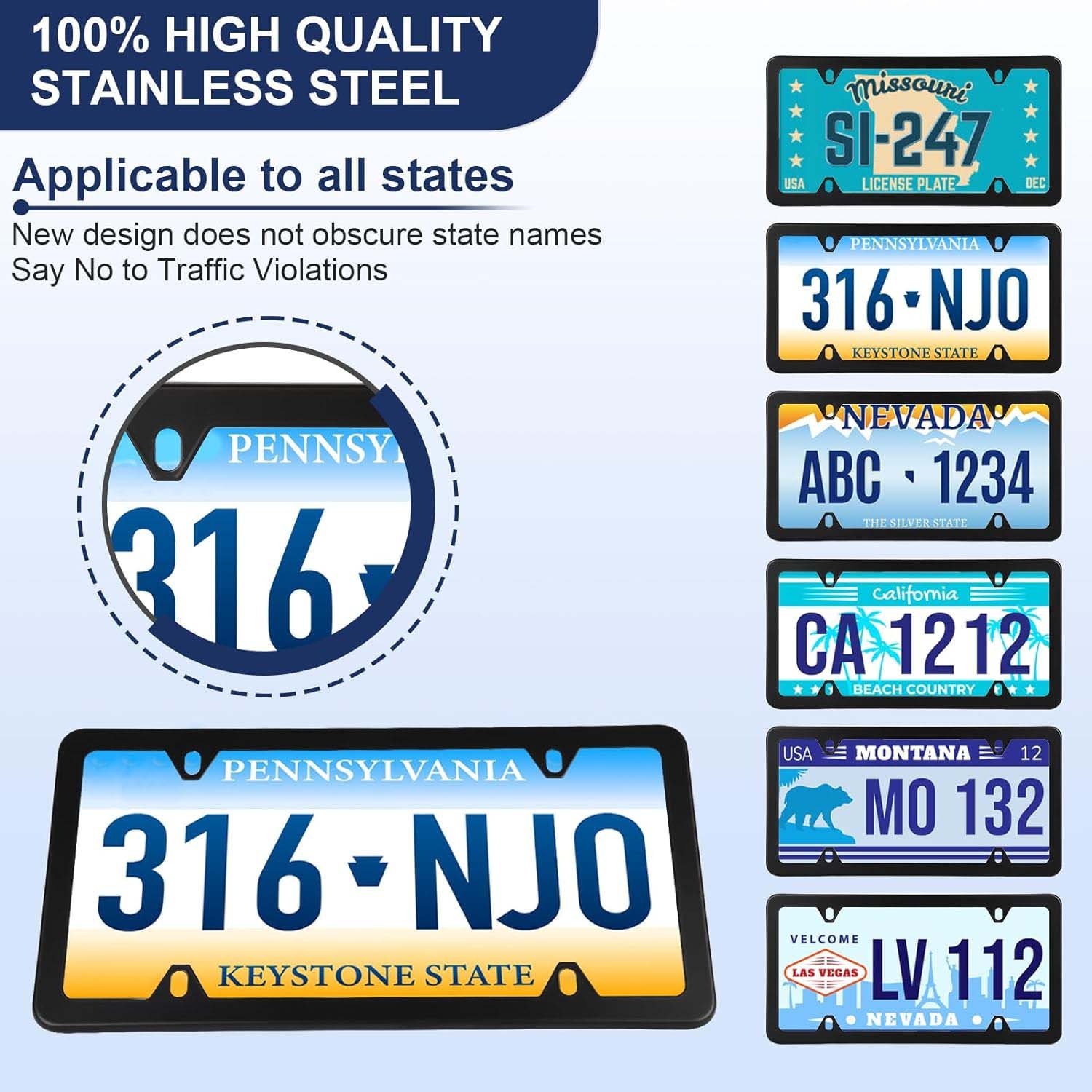 Black License Plate Frames, Personalised Aluminium License Plate Cover, License Plate Holder Car Accessories with Screw Caps