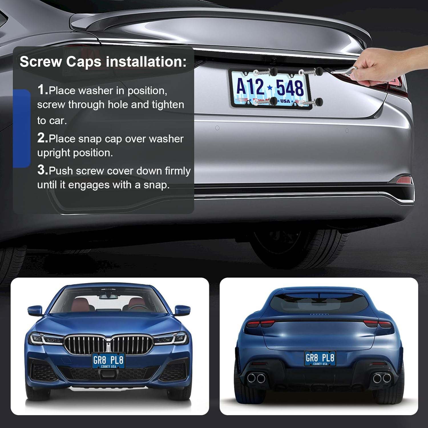 Black License Plate Frames, Personalised Aluminium License Plate Cover, License Plate Holder Car Accessories with Screw Caps
