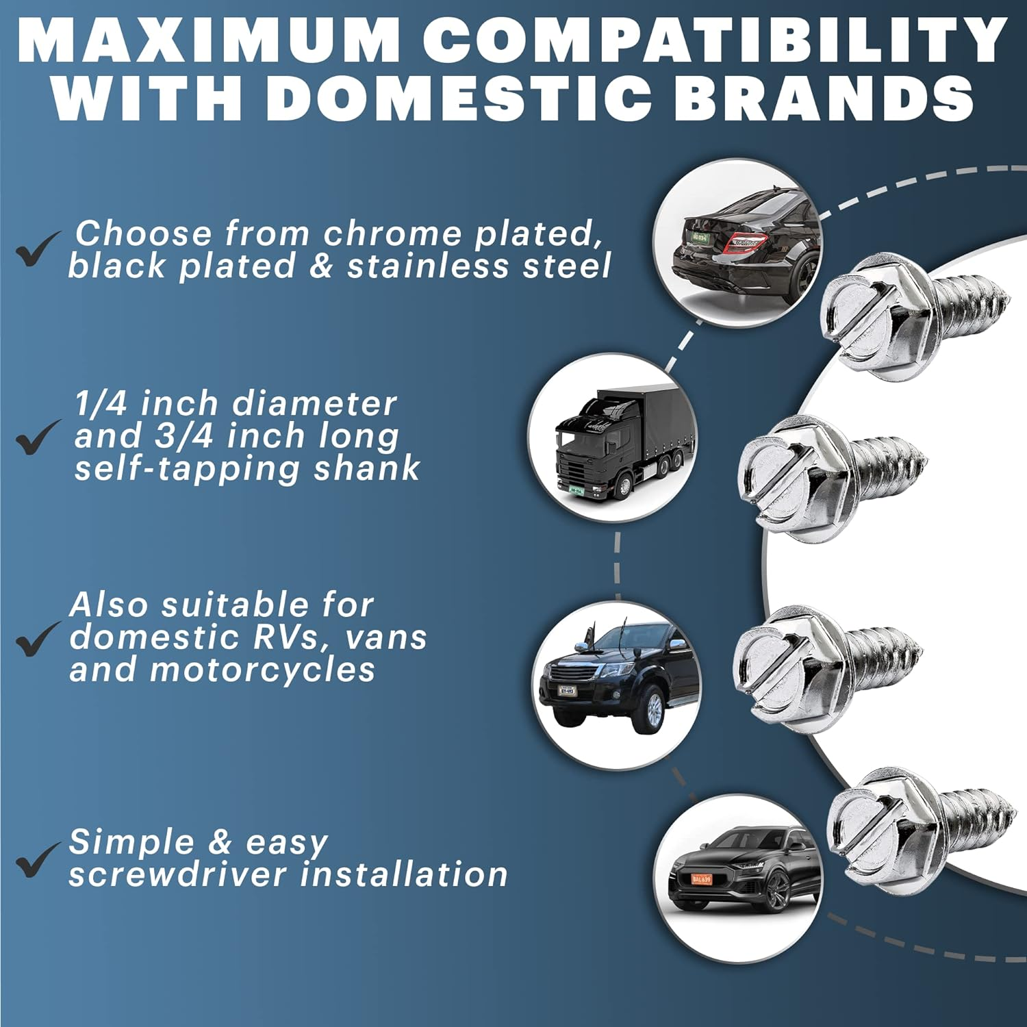 License Plate Screw for Front & Rear Plates with Rustproof Slotted Hexagonal Hex Washer Head Finish Self Tapping Screws