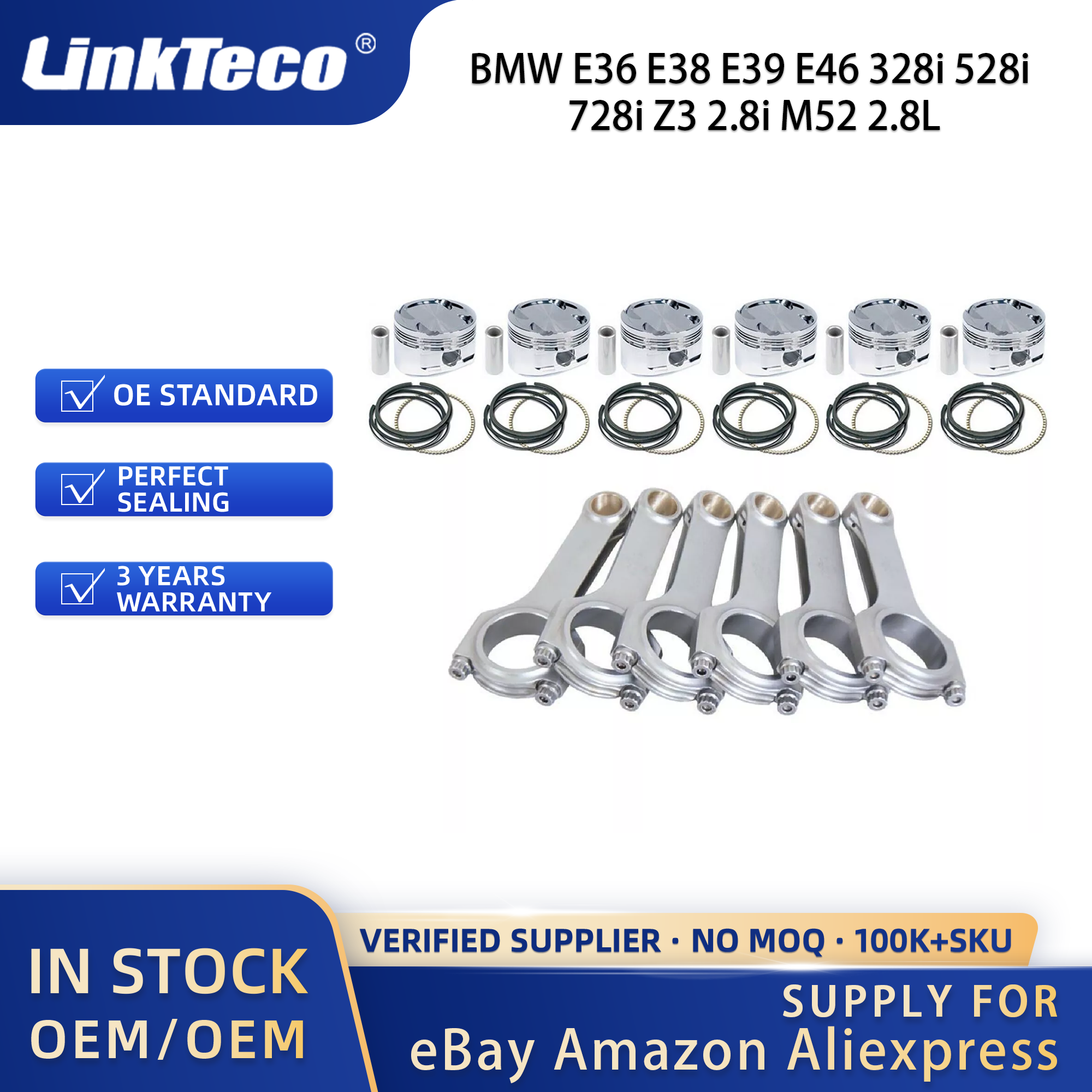 Linkteco 6X Con-Rod & Piston Kkit STD 84mm For BMW E36 E38 E39 E46 328i 528i 728i Z3 2.8i M52 2.8L 1995-2001 11251432806 1432806