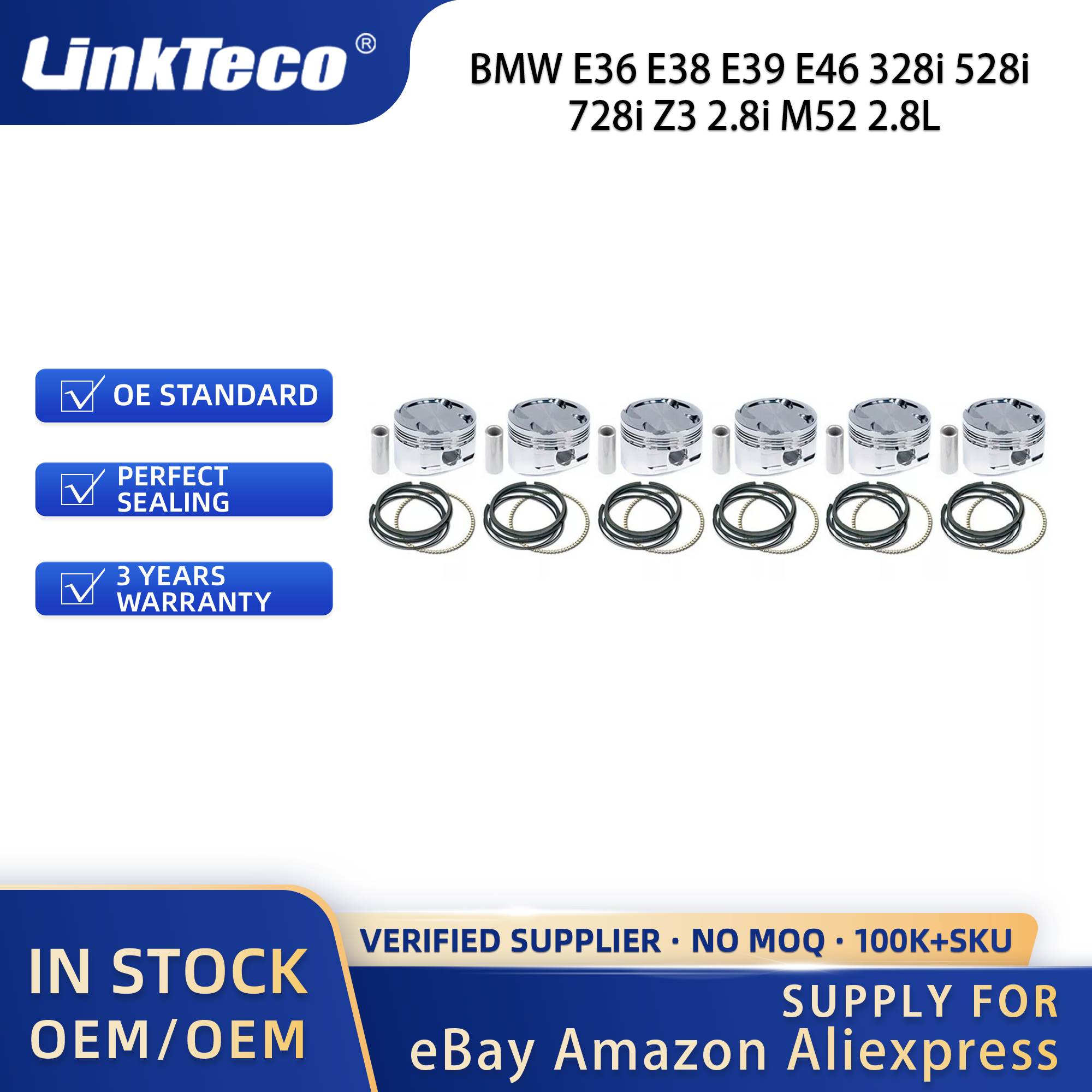 Linkteco 6X Con-Rod & Piston Kkit STD 84mm For BMW E36 E38 E39 E46 328i 528i 728i Z3 2.8i M52 2.8L 1995-2001 11251432806 1432806