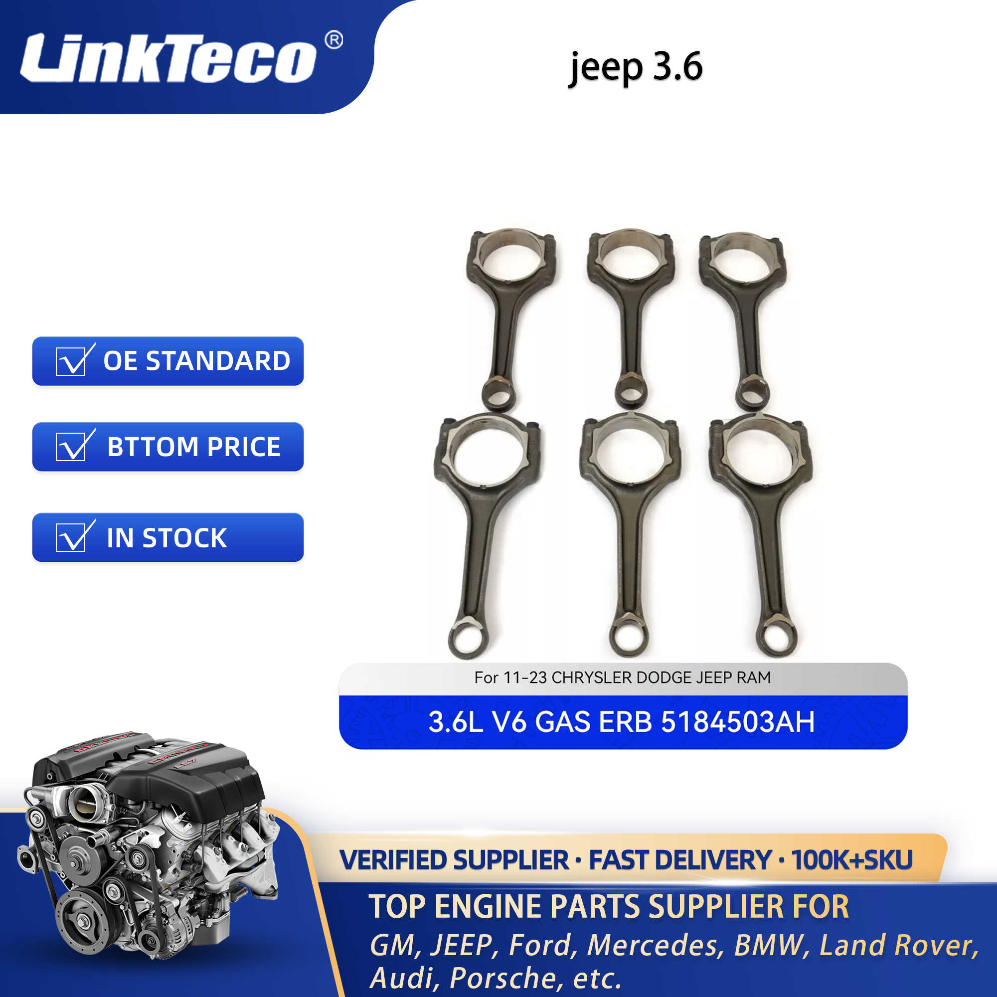 ERB AUTO Engine part Connecting rod set Fit 3.6 L V6 GAS For 11-23 3.6L CHRYSLER 300 DODGE JEEP WRANGLER RAM 5184503AH 5184347AF