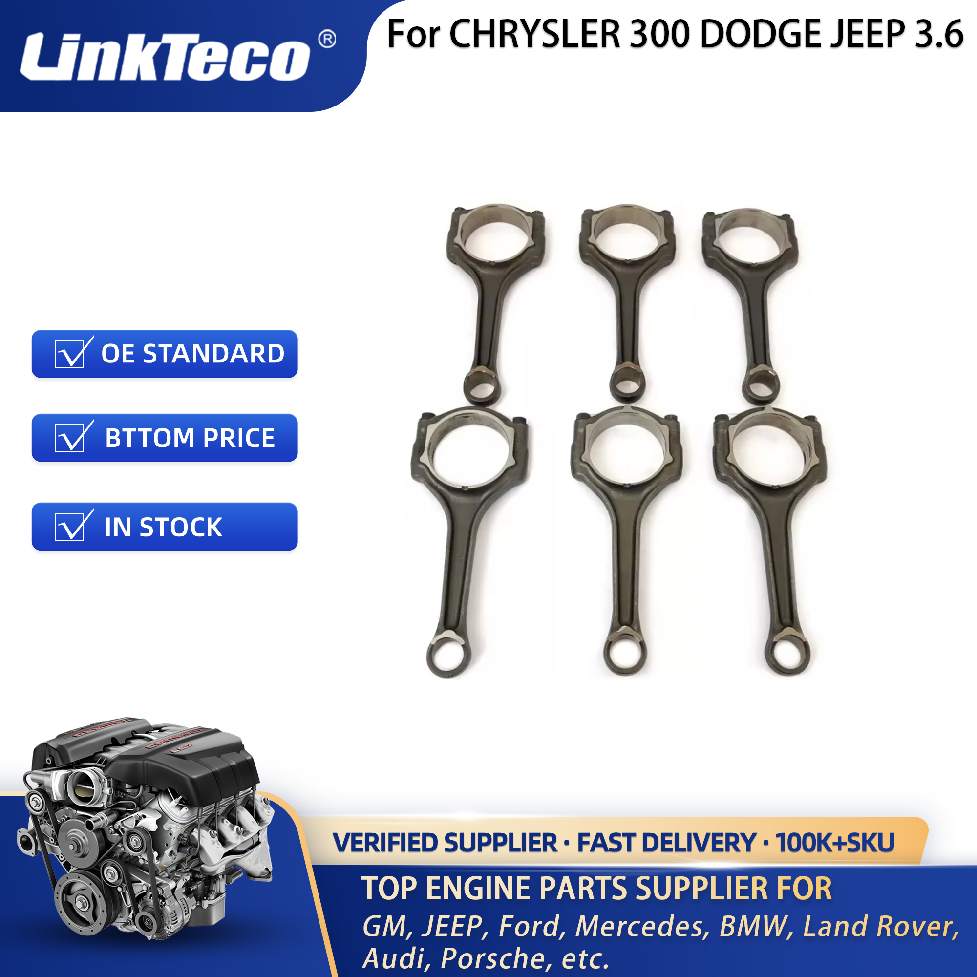 ERB AUTO Engine part Connecting rod set Fit 3.6 L V6 GAS For 11-23 3.6L CHRYSLER 300 DODGE JEEP WRANGLER RAM 5184503AH 5184347AF
