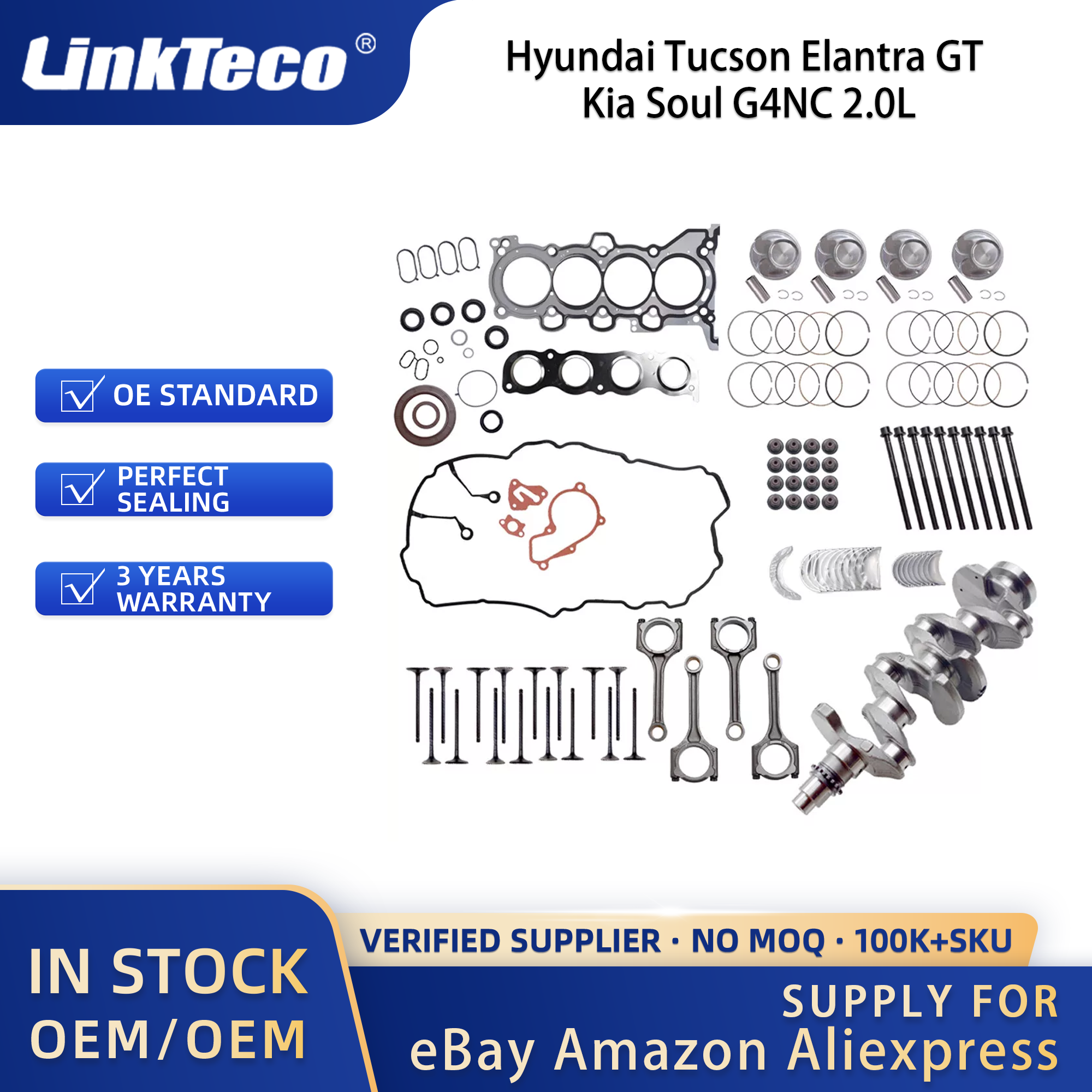 Linkteco Engine Overhaul Rebuild Kit Crankshaft/Rods Timing Chain Kit For Hyundai Tucson Elantra GT Kia Soul G4NC 2.0L 2014-2019
