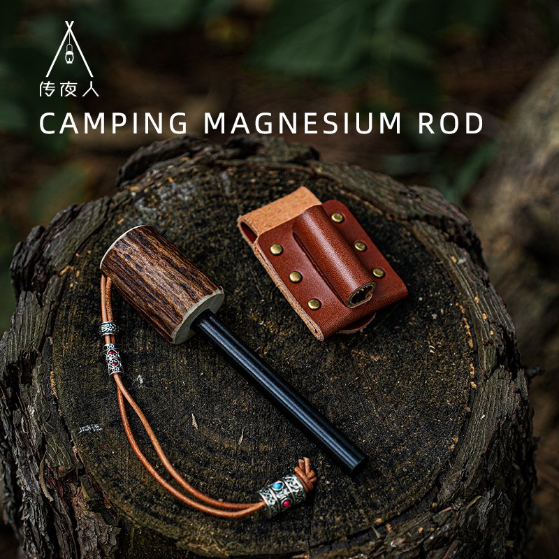 Hot Sale Camping Tool Handmade Fat Wood Handle Flint Fire Starter Sparking Ferrocerium Magnesium Rod Lighter Kit Bushcraft