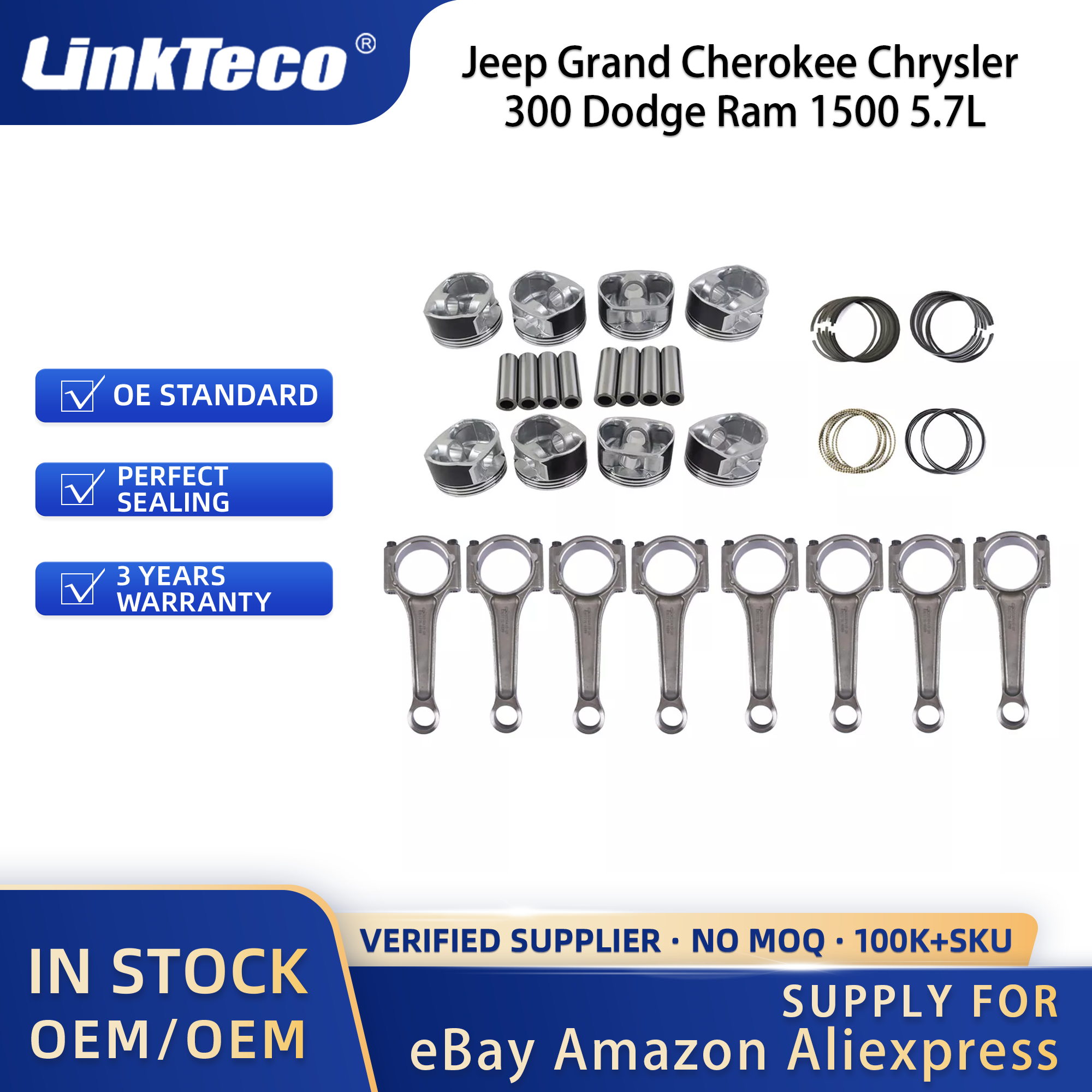 Linkteco Pistons & Connecting Rods Kit For Jeep Grand Cherokee Chrysler 300 Dodge Ram 1500 5.7L Hemi 2003-2009 5086002AA