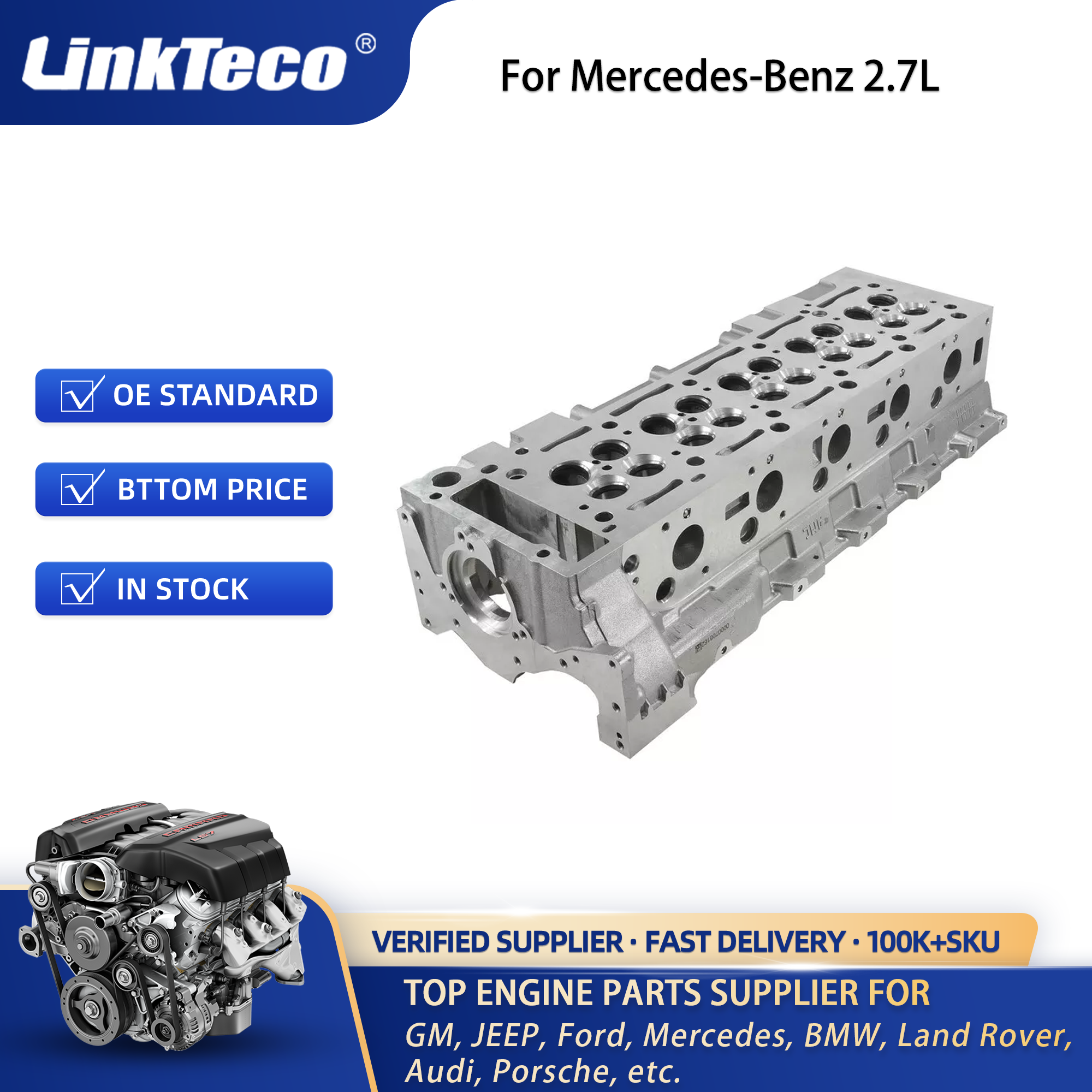 Linkteco Engine Cylinder Head&Bolt&Head Gasket Kit for Mercedes-Benz Jeep Grand Traff Dodge 2.7 L DOHC CDI L5 Diesel OM612