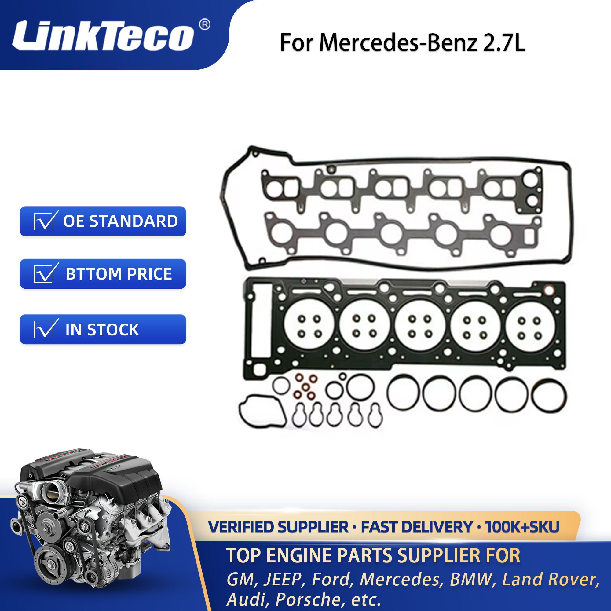 Linkteco Engine Cylinder Head&Bolt&Head Gasket Kit for Mercedes-Benz Jeep Grand Traff Dodge 2.7 L DOHC CDI L5 Diesel OM612