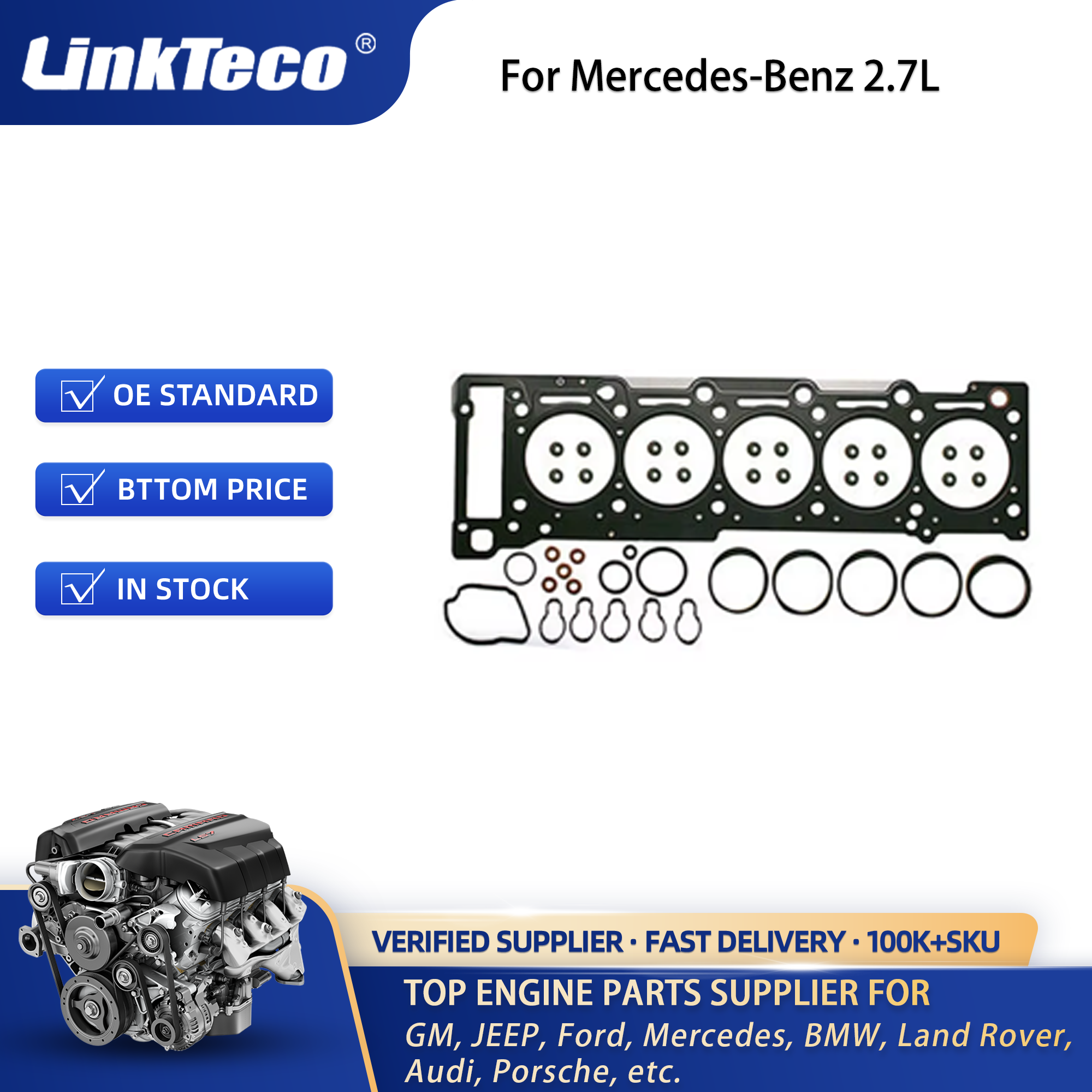 Linkteco Engine Cylinder Head&Bolt&Head Gasket Kit for Mercedes-Benz Jeep Grand Traff Dodge 2.7 L DOHC CDI L5 Diesel OM612