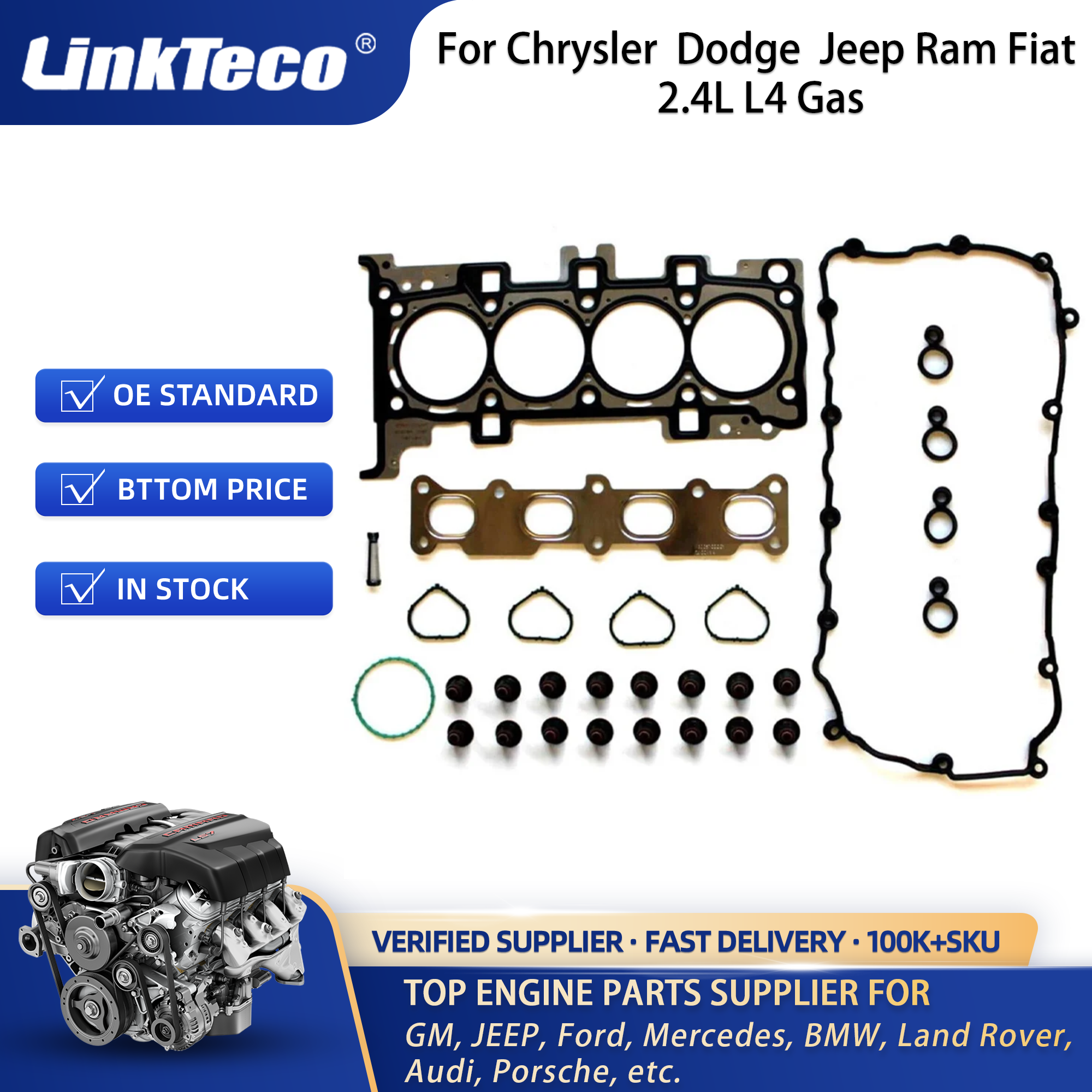 LinkTeco Cylinder Head Gasket Set For Chrysler 200 Dodge Dart Jeep Cherokee Compass Renegade Ram Fiat 2.4L L4 Gas HS55384