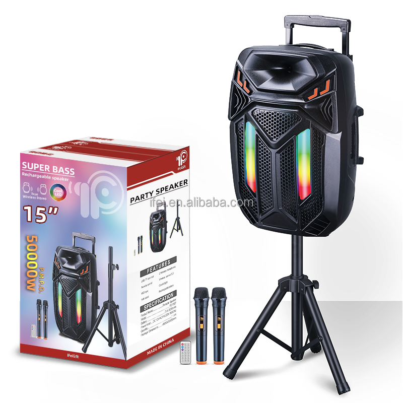 Latest Bass trolley Speaker 15 Inch speaker Big Rod Speaker With Screen dual wireless microphone IFeiGift-1507