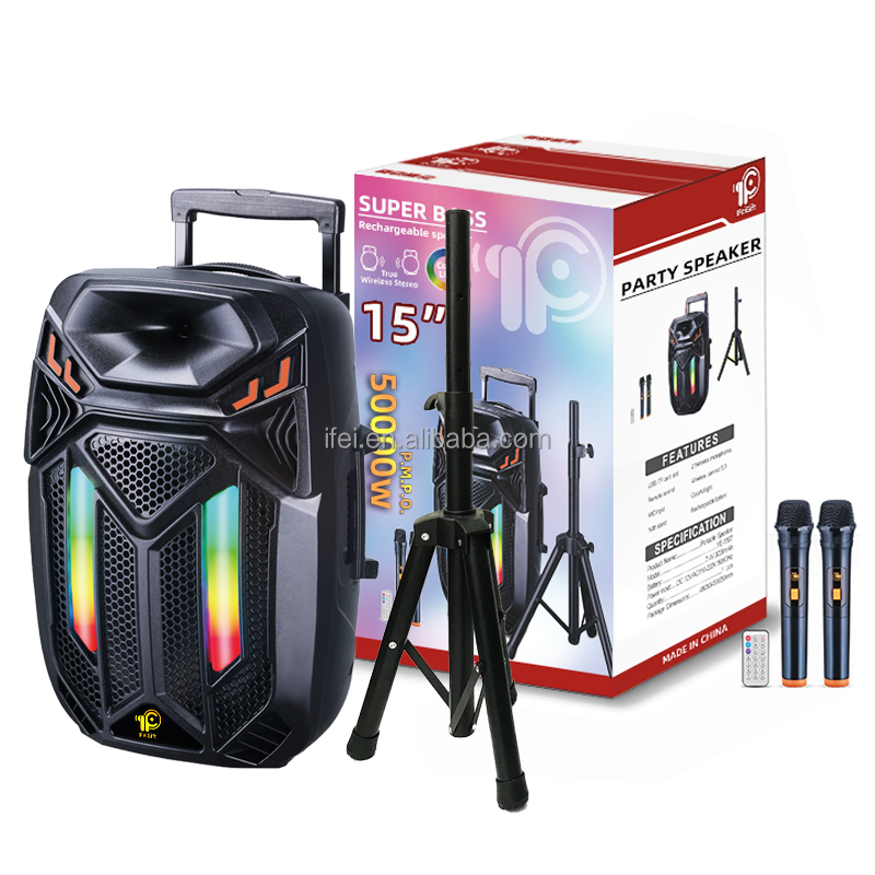 Latest Bass trolley Speaker 15 Inch speaker Big Rod Speaker With Screen dual wireless microphone IFeiGift-1507