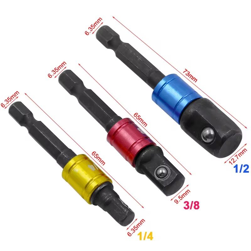 3 Pcs/ Set 1/4" 3/8" 1/2" Hex Shank Square Drill Socket Adapter Impact Drill Extension Drill Bits Bar Socket Adapter