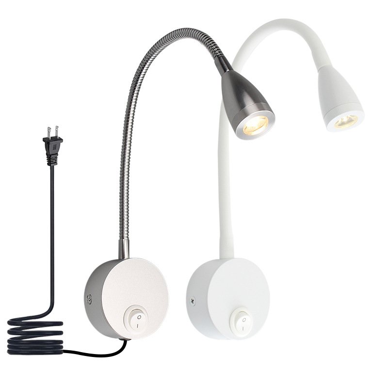 3W LED wall light hotel bedside headboard reading light with flexible gooseneck switch wall lamp Plug line hose light modern