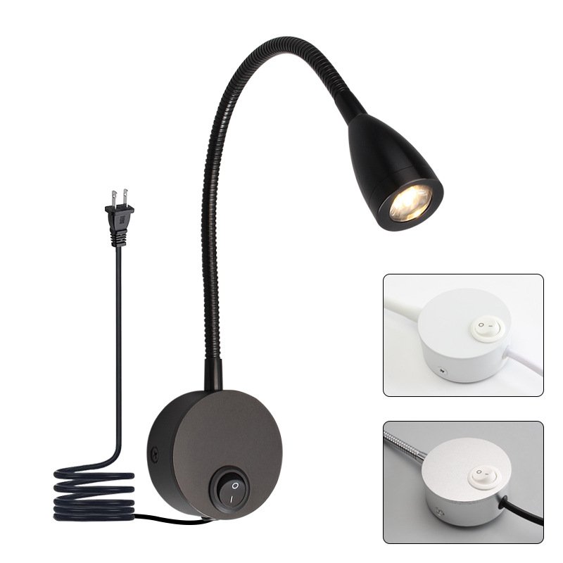 3W LED wall light hotel bedside headboard reading light with flexible gooseneck switch wall lamp Plug line hose light modern