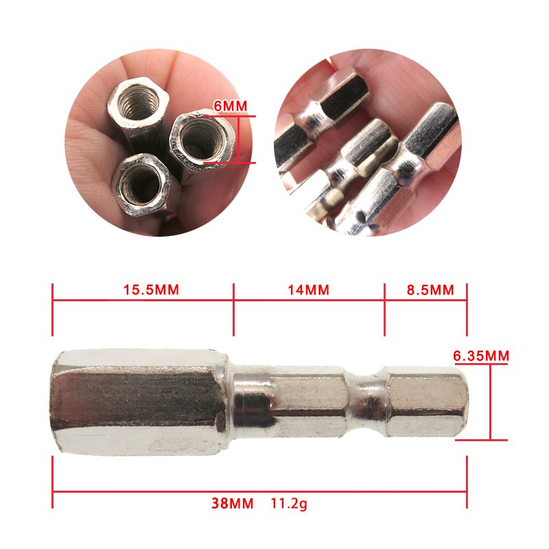 High Quality M6-1 38MM Tray Fitting American Hex Adapter Connection Rod with 1/4" 6.35MM Internal Thread Power Tool Accessory