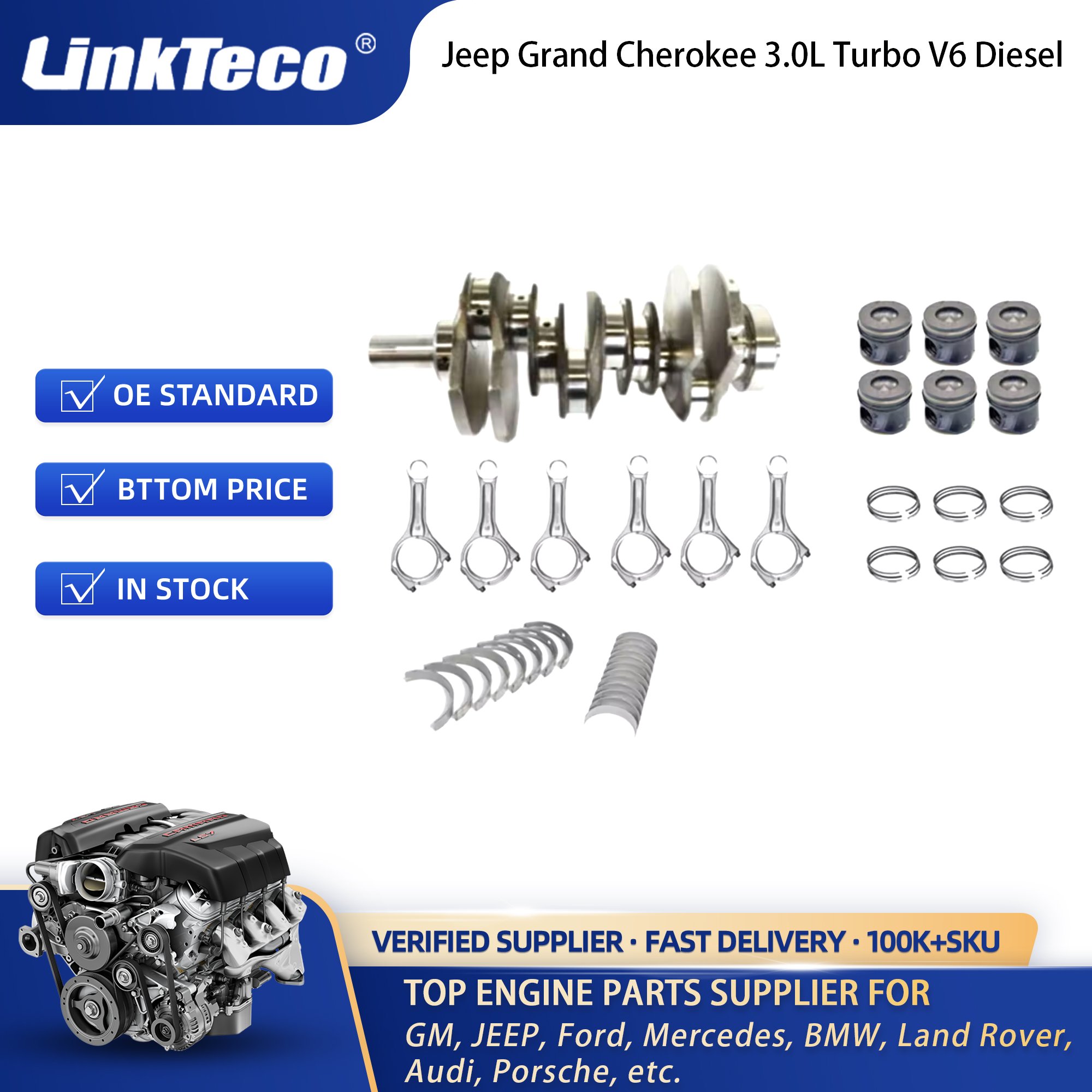 Linkteco Crankshaft & Connecting Rod & Piston & Rings & Engine Bearing For Jeep Grand Cherokee RAM 1500 Diesel 3.0 2014-2022