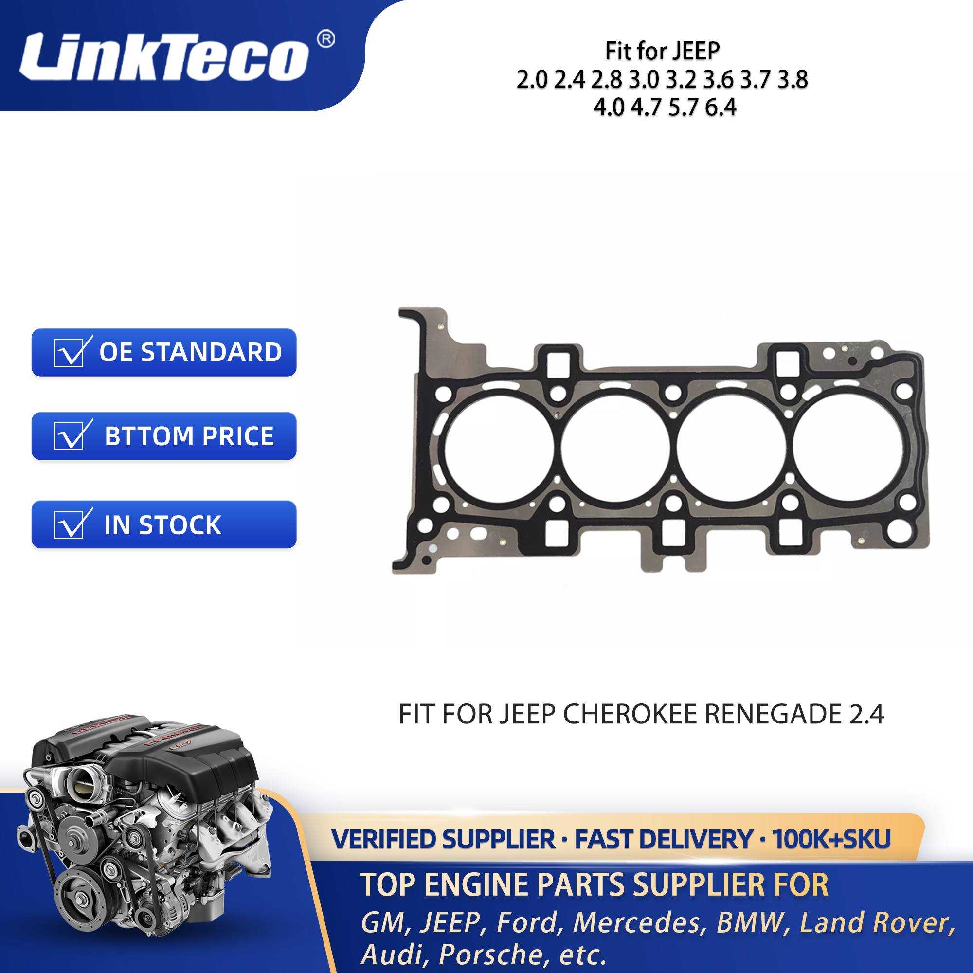 Linkteco cylinder head gasket Fit for JEEP 2.0 2.4 2.8 3.0 3.2 3.6 3.7 3.8 4.0 4.7 5.7 6.4 10205400 HG1164L 26542PT 26541PT
