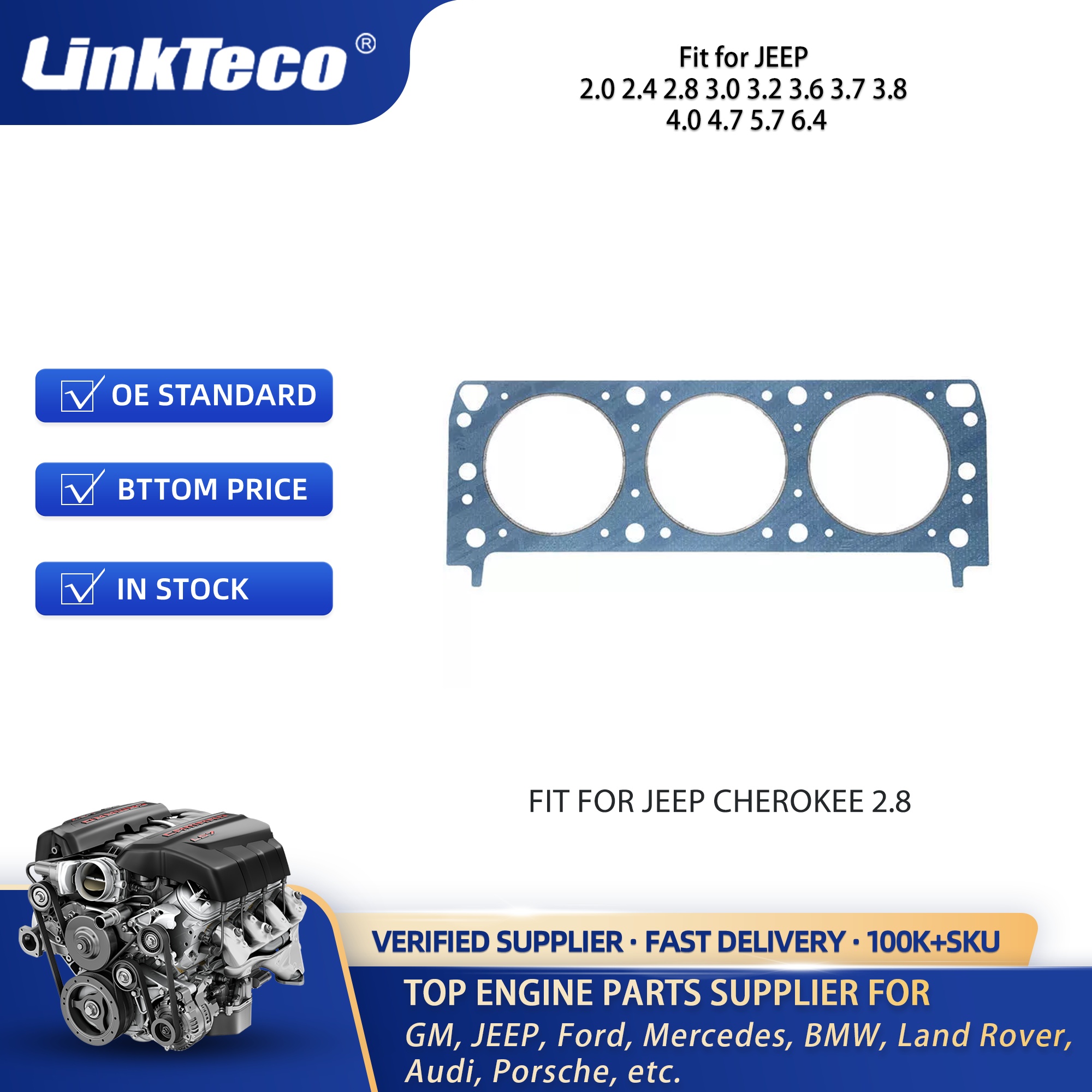 Linkteco cylinder head gasket Fit for JEEP 2.0 2.4 2.8 3.0 3.2 3.6 3.7 3.8 4.0 4.7 5.7 6.4 10205400 HG1164L 26542PT 26541PT