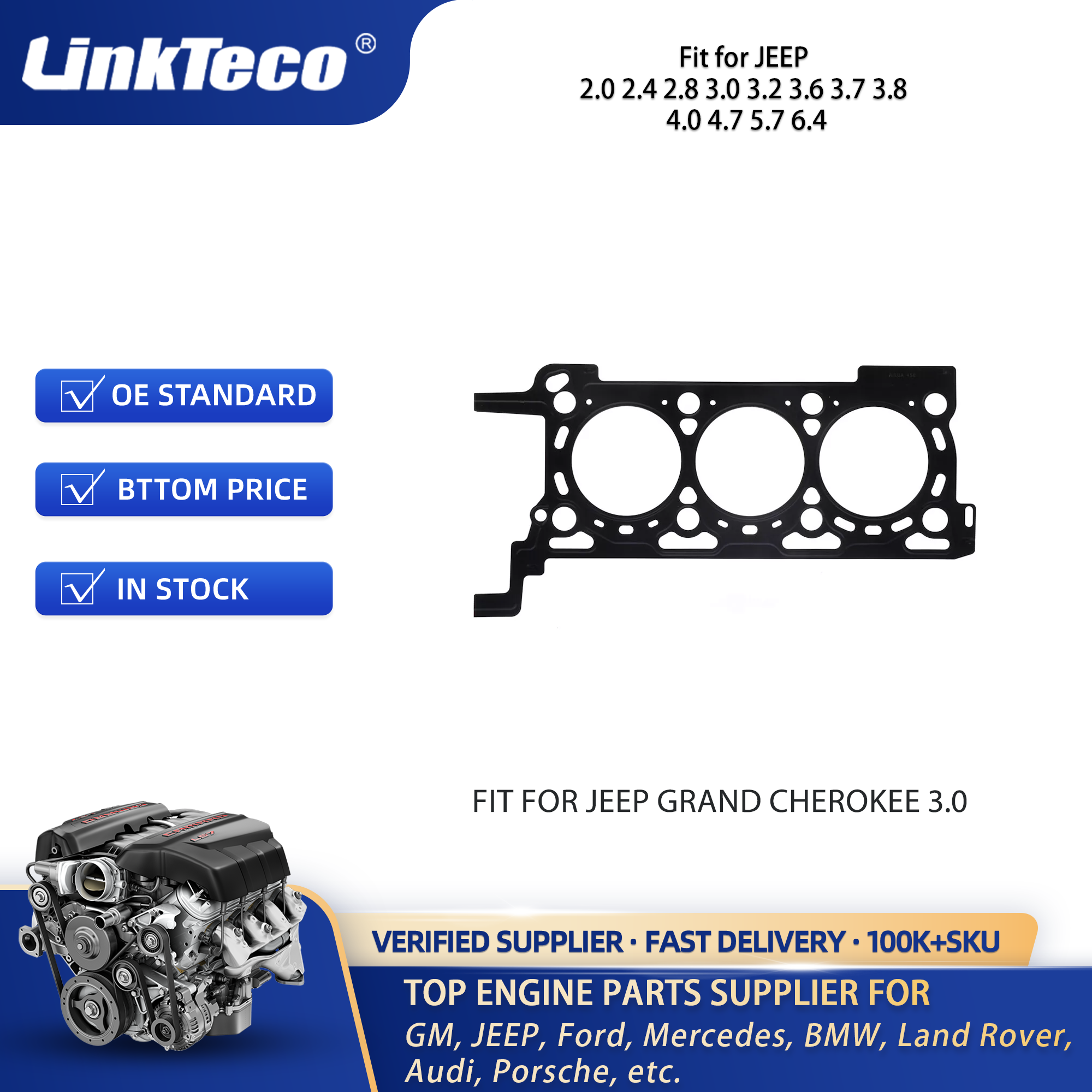 Linkteco cylinder head gasket Fit for JEEP 2.0 2.4 2.8 3.0 3.2 3.6 3.7 3.8 4.0 4.7 5.7 6.4 10205400 HG1164L 26542PT 26541PT