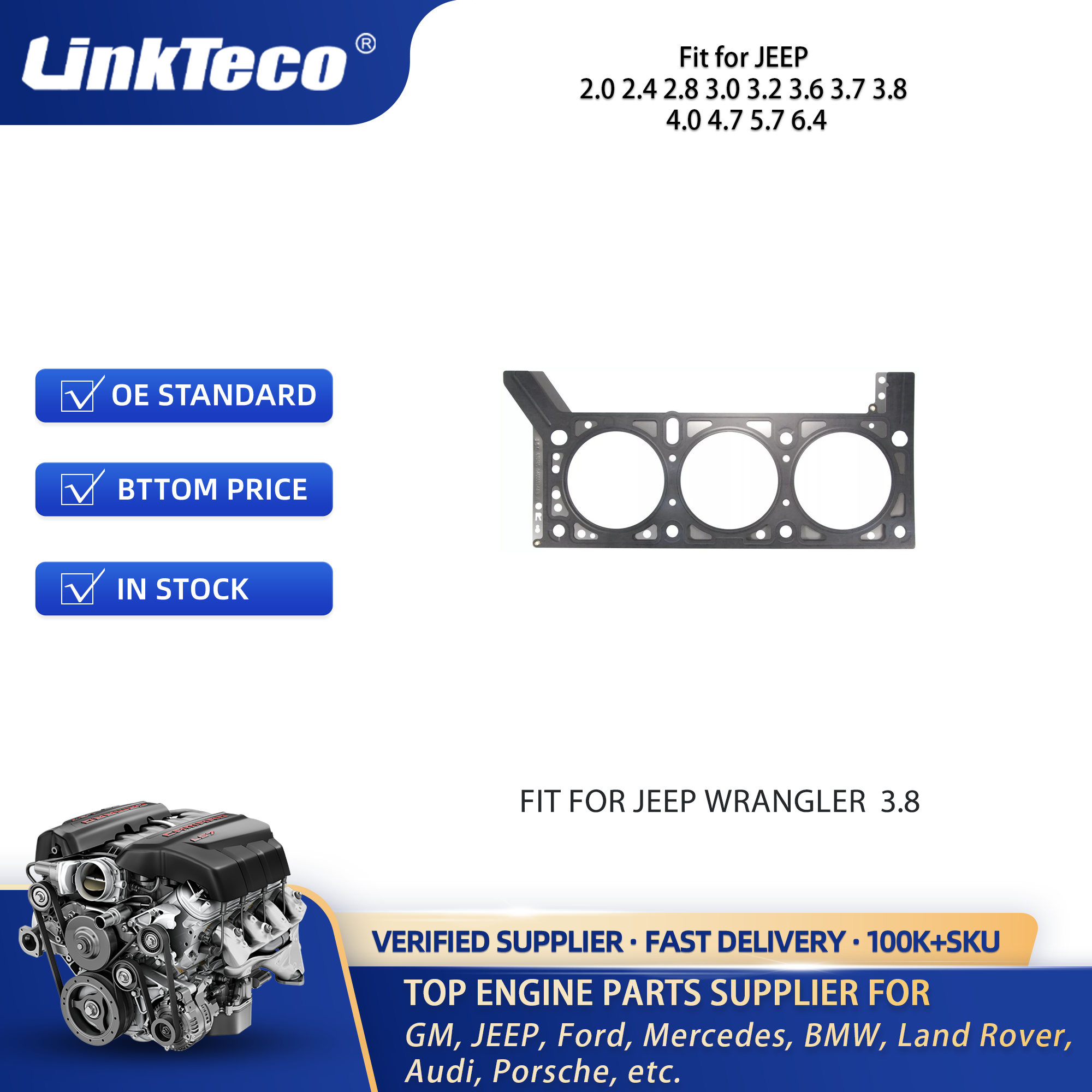 Linkteco cylinder head gasket Fit for JEEP 2.0 2.4 2.8 3.0 3.2 3.6 3.7 3.8 4.0 4.7 5.7 6.4 10205400 HG1164L 26542PT 26541PT
